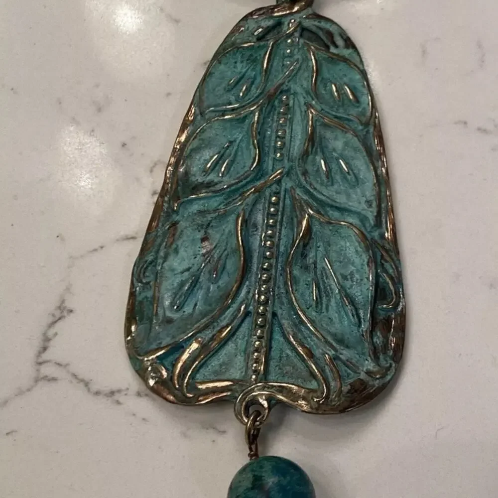 Elaine Coyne Verdigris Patina Brass Calla Lily Pendant Necklace Imperial Jasper